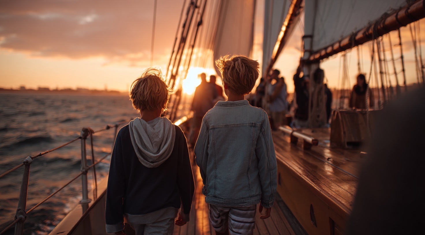 Two children walking together on a sailboat at sunset, looking toward the horizon